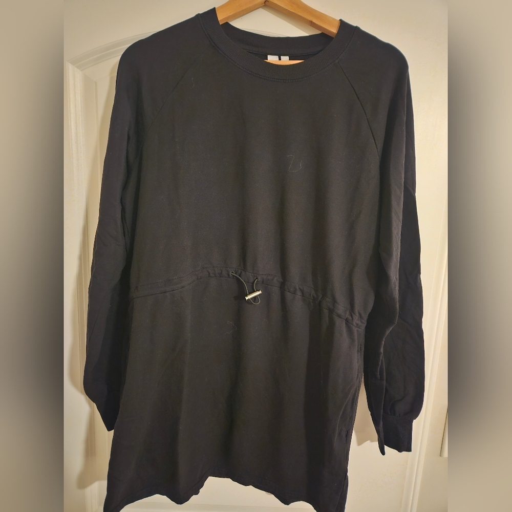 Black Longline Sweatshirt Dress with Adjustable Waist - Casual and Comfy